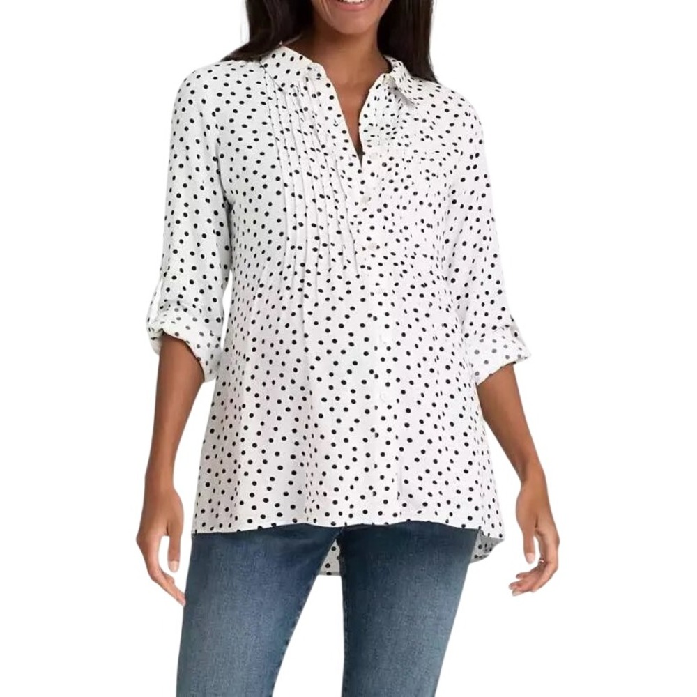 Seraphine Maternity Polka Dot Blouse White Black Pleated Button Down Top Size 10